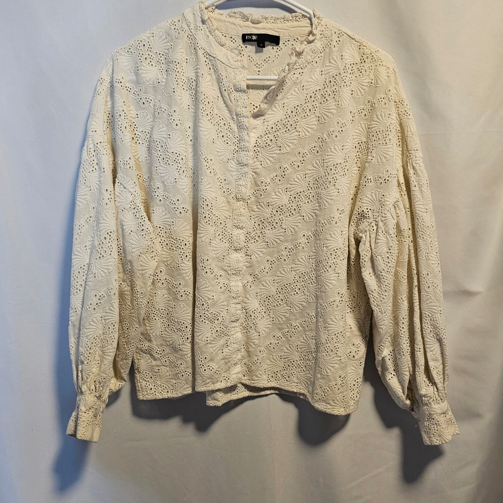 Maje Eyelet Blouse Womens 2 Med Cream Romantic Cottagecore Broderie Anglaise Top